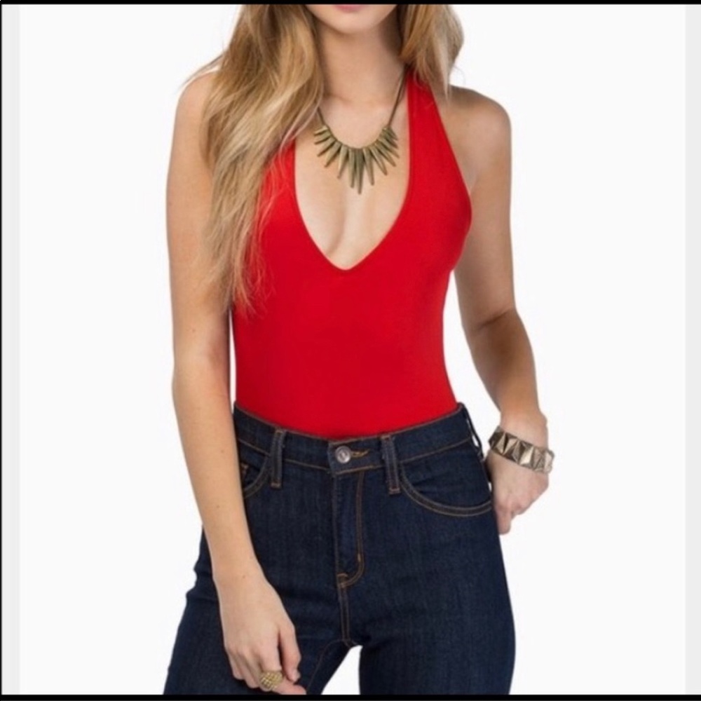 Red halter body suit